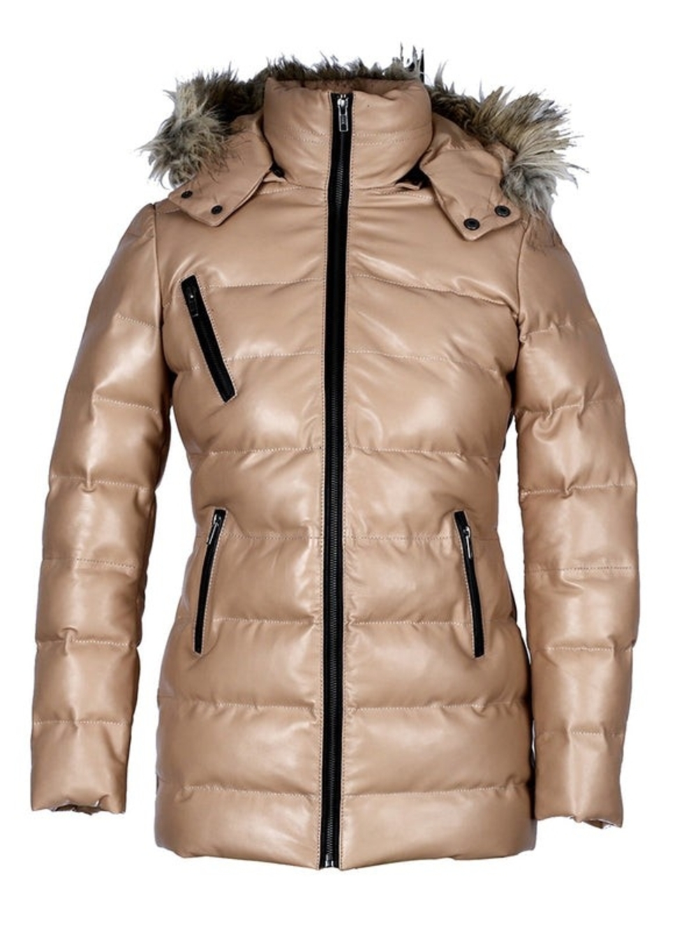 Women’s Faux-Fur Hooded Tan Puffer Jacket